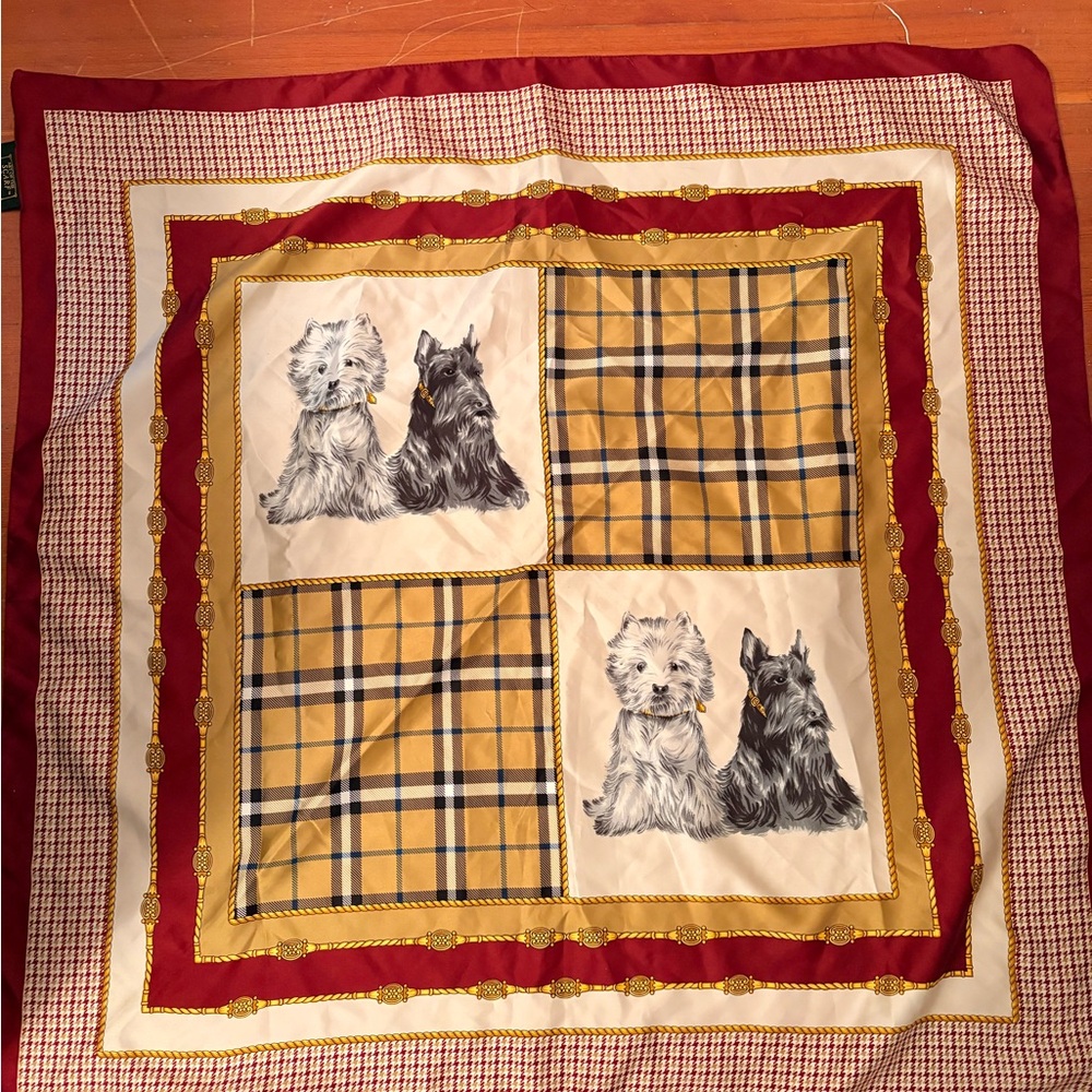Silk Dog Print Scarf in Red, Gold & Cream